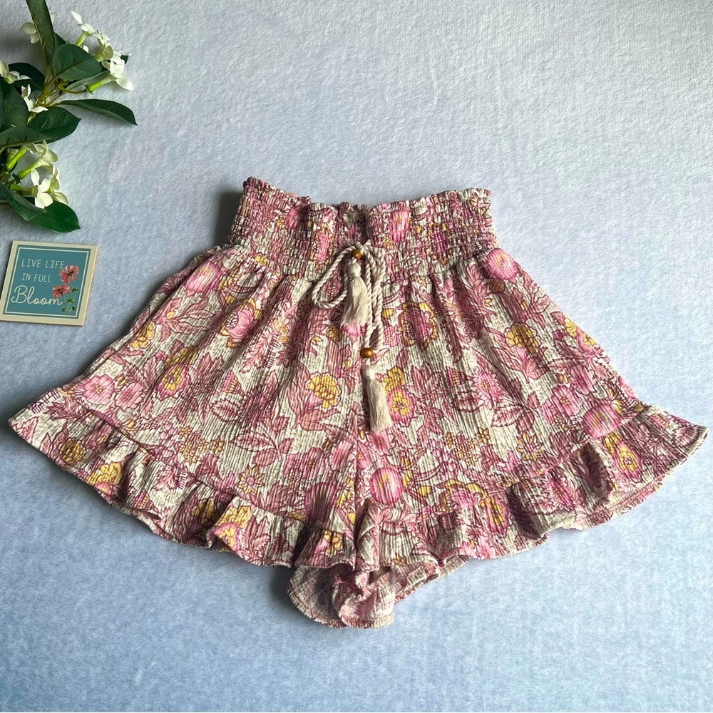 Women’s Pink Purple Floral Print Shorts Elastic Waistband